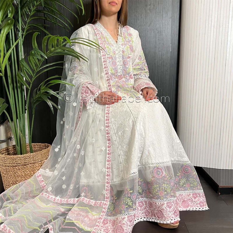 Karma Original White Embroidered Panelled Dress Suit