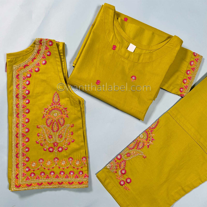 Kids Lime Waistcoat Embroidered Lawn Kurta Suit