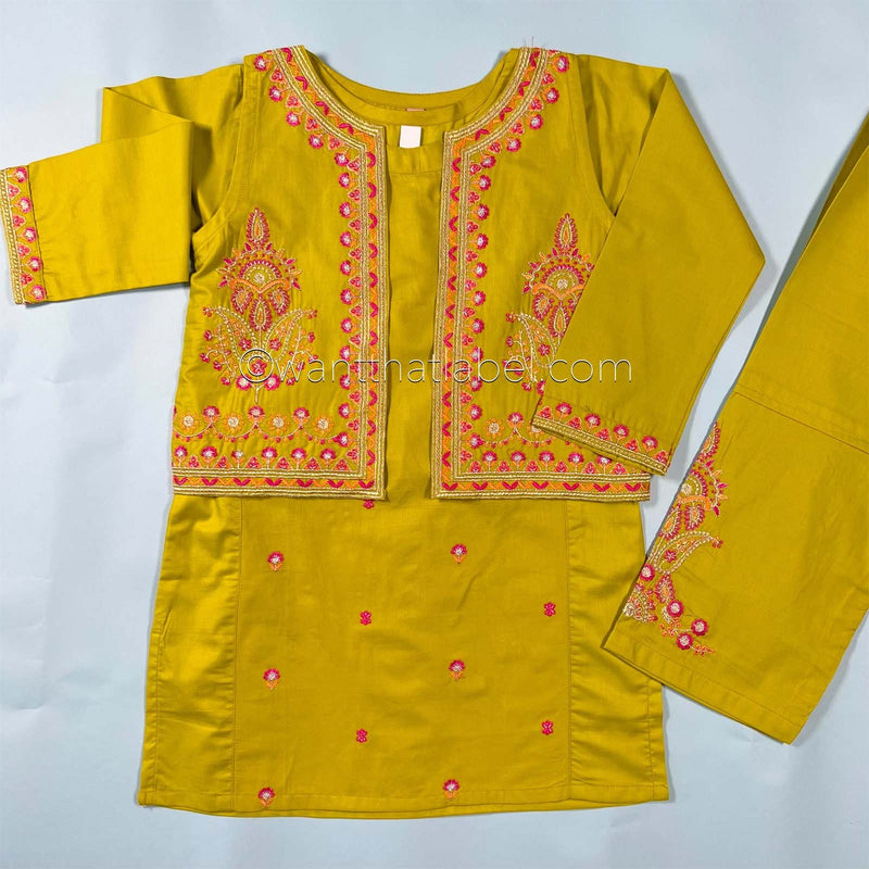 Kids Lime Waistcoat Embroidered Lawn Kurta Suit