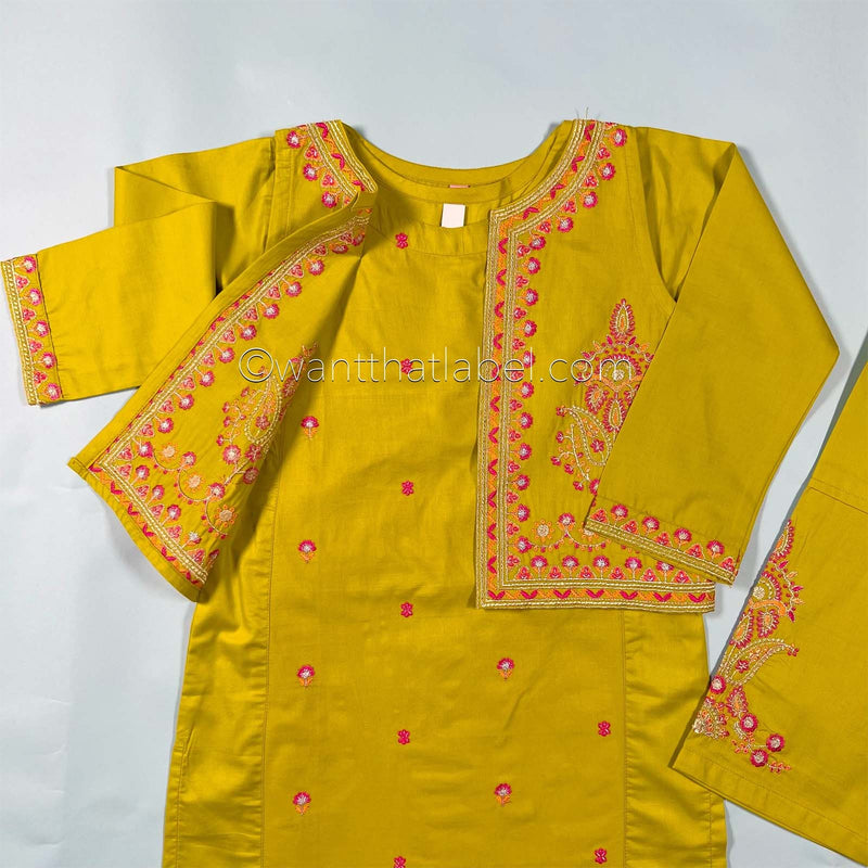 Kids Lime Waistcoat Embroidered Lawn Kurta Suit