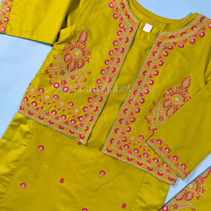 Kids Lime Waistcoat Embroidered Lawn Kurta Suit