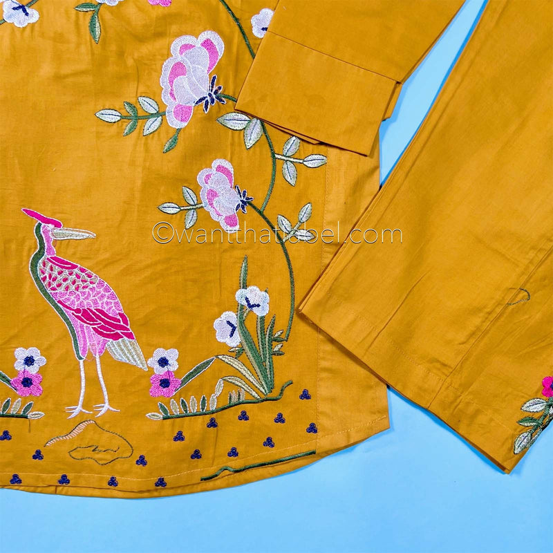 Kids Mustard Bird Embroidered Lawn Kurta Suit