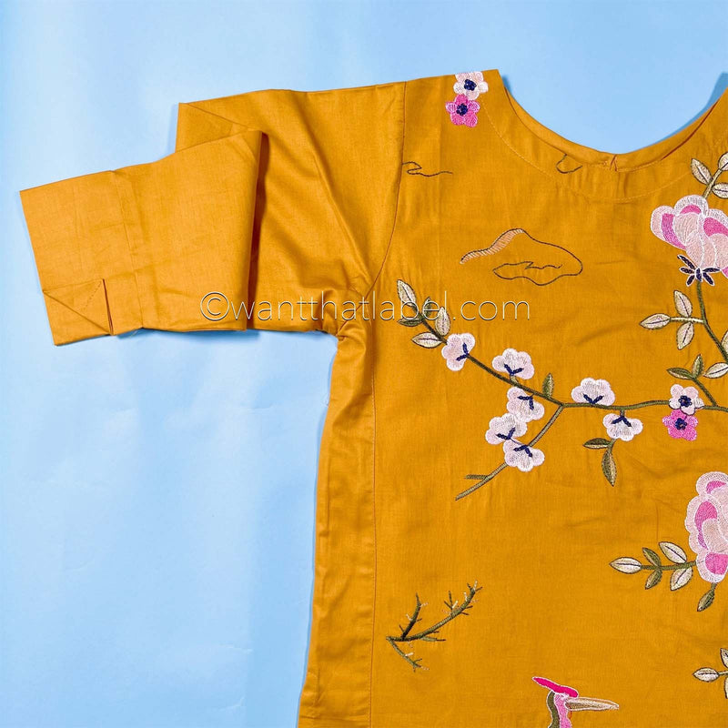 Kids Mustard Bird Embroidered Lawn Kurta Suit