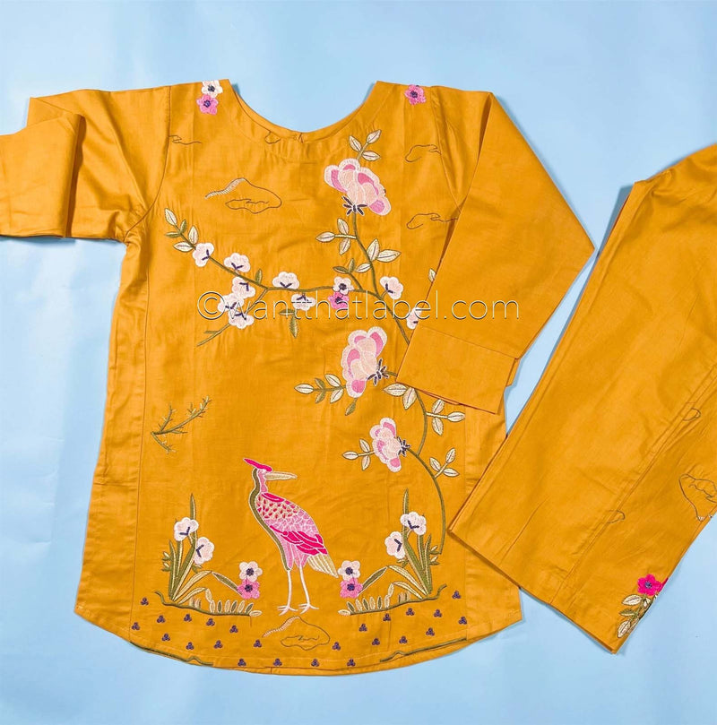 Kids Mustard Bird Embroidered Lawn Kurta Suit