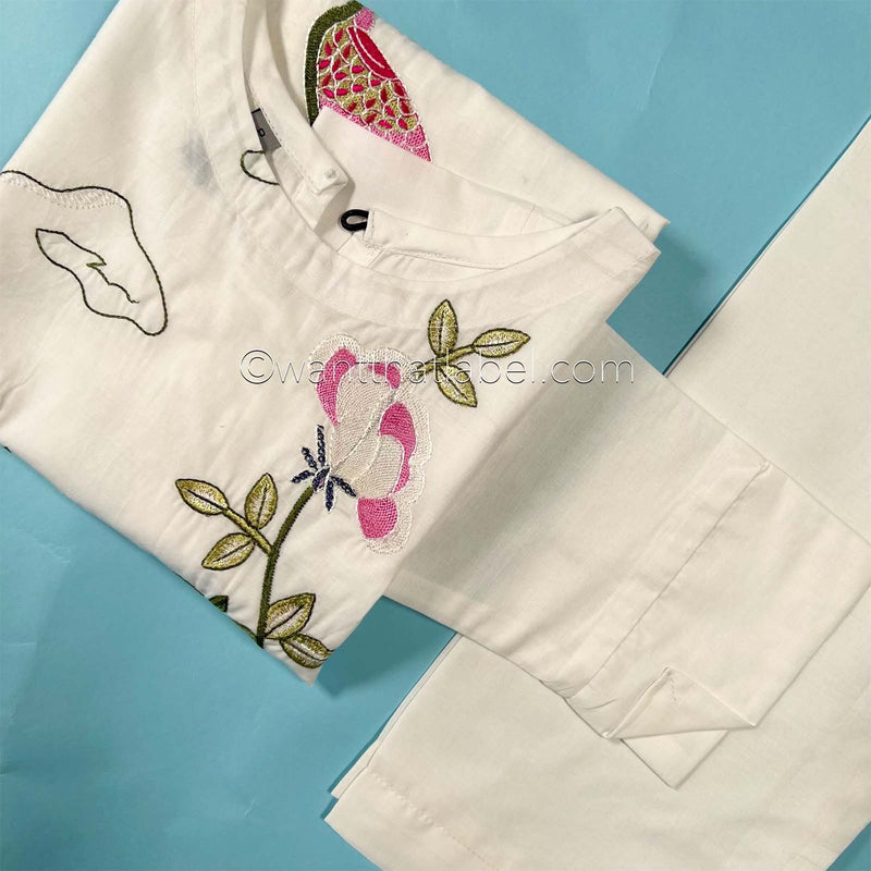 Kids White Bird Embroidered Lawn Kurta Suit
