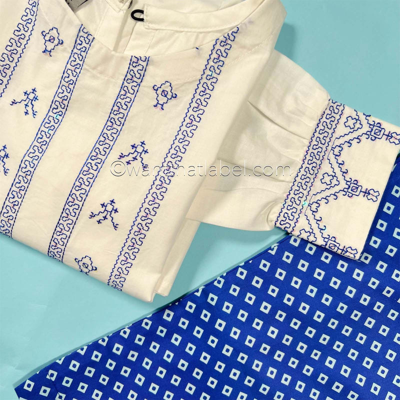 Kids White Blue Sequin Embroidered Lawn Kurta Suit