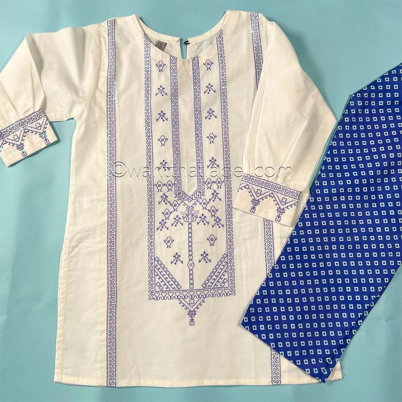 Kids White Blue Sequin Embroidered Lawn Kurta Suit