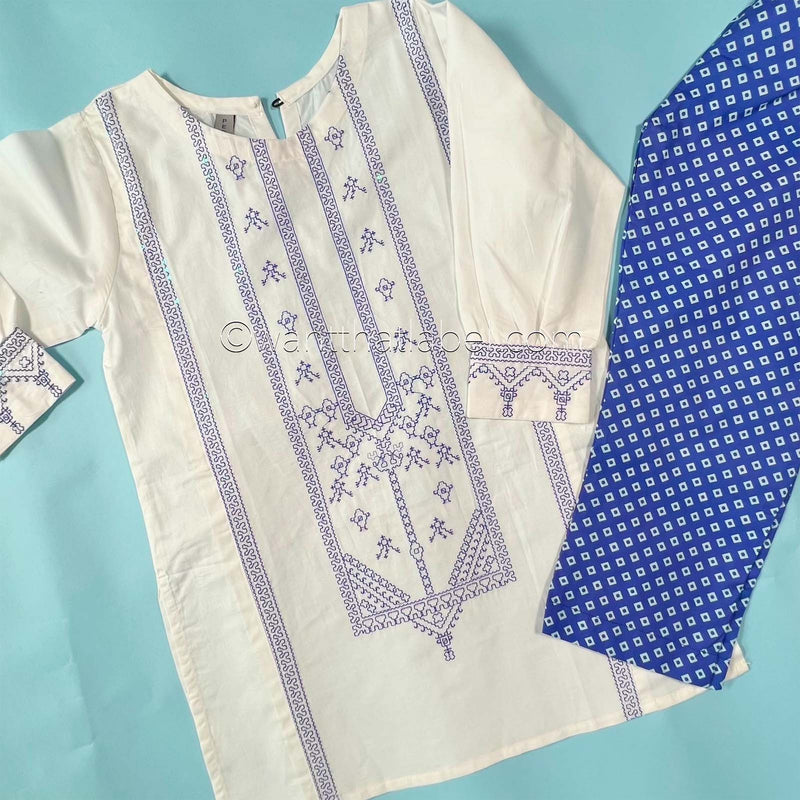 Kids White Blue Sequin Embroidered Lawn Kurta Suit