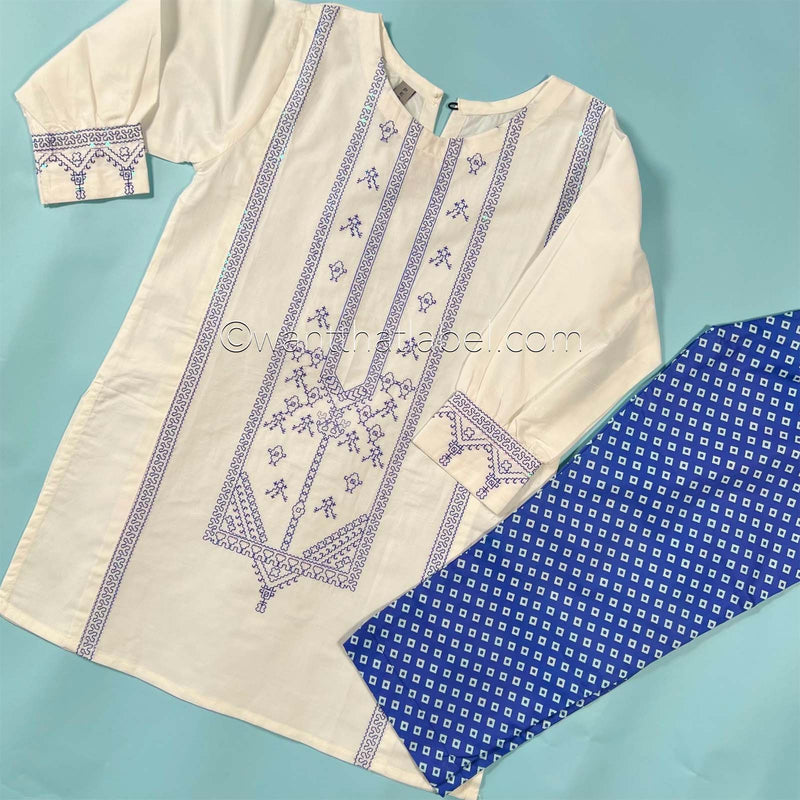 Kids White Blue Sequin Embroidered Lawn Kurta Suit