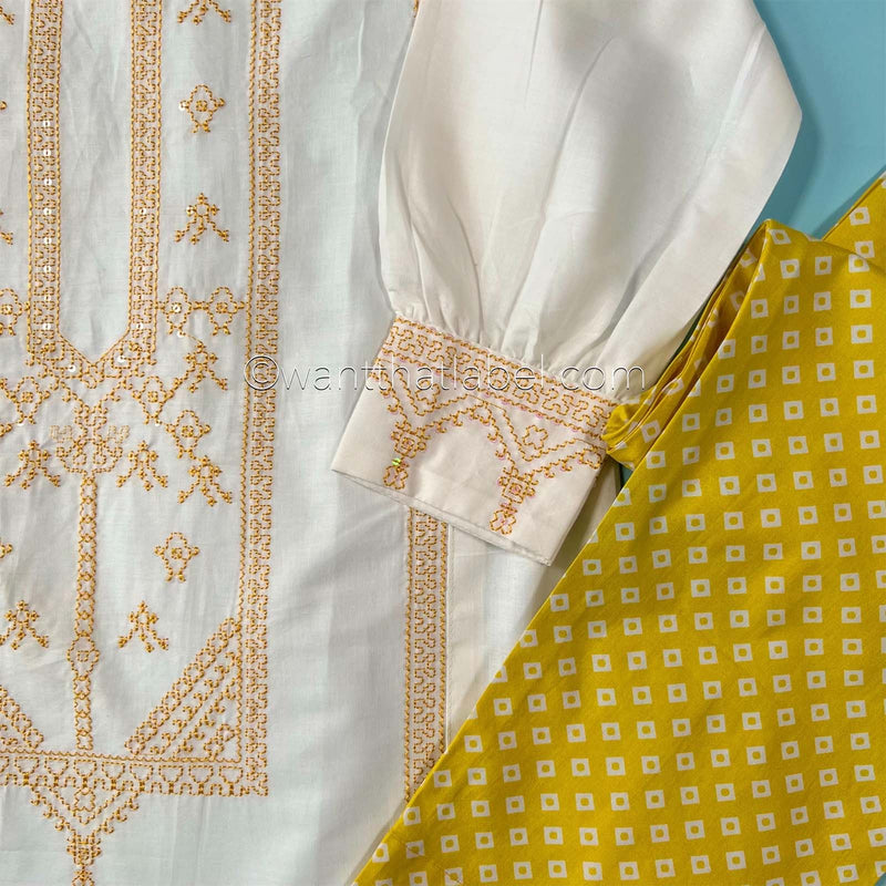 Kids White Yellow Sequin Embroidered Lawn Kurta Suit