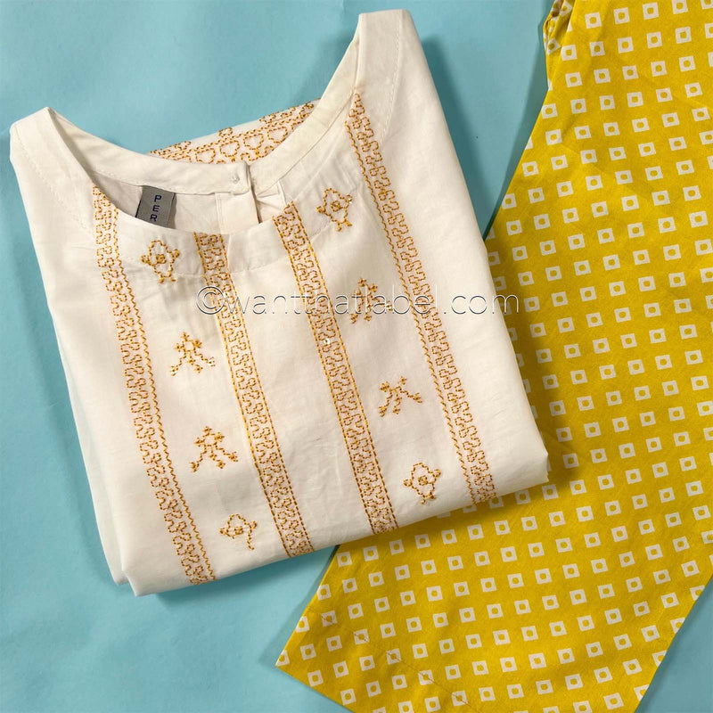 Kids White Yellow Sequin Embroidered Lawn Kurta Suit