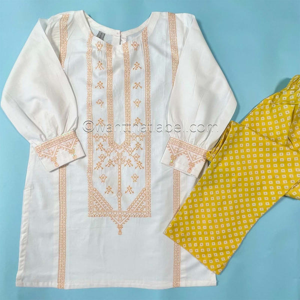 Kids White Yellow Sequin Embroidered Lawn Kurta Suit
