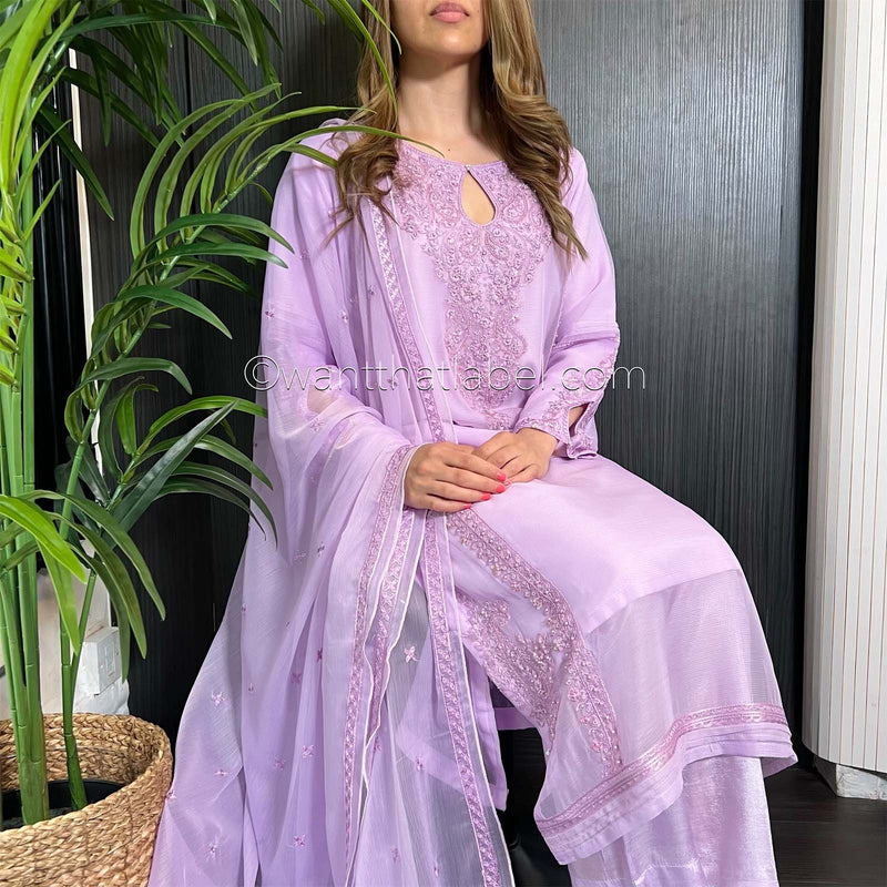 Lilac Hand Embroidered Chiffon Suit