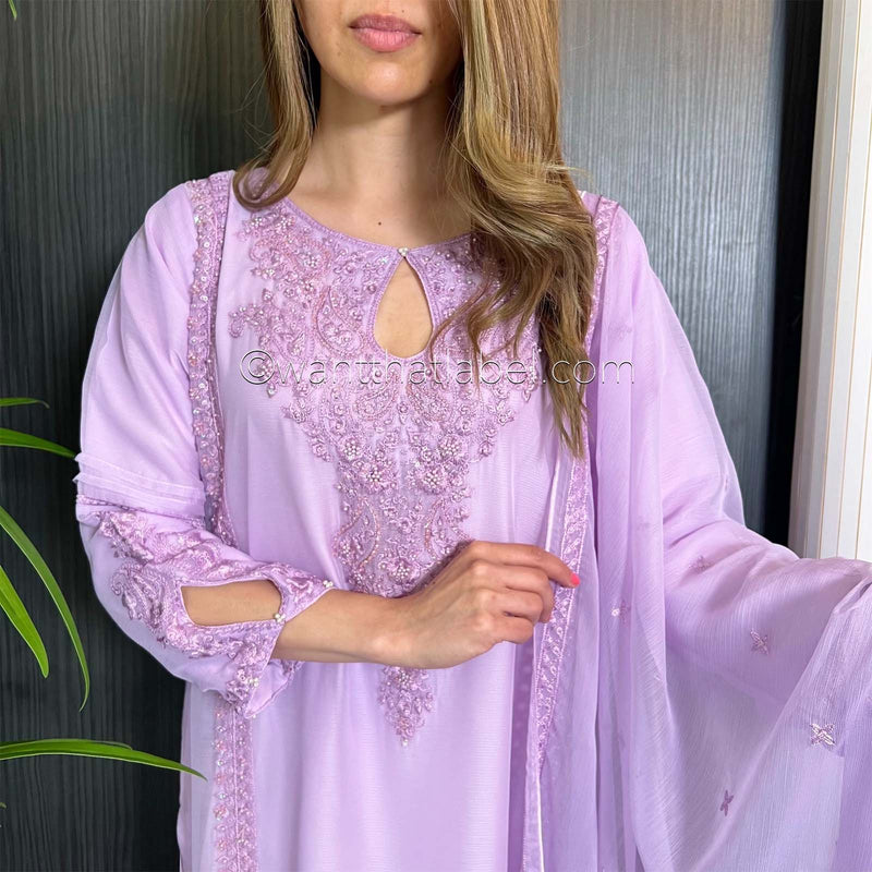 Lilac Hand Embroidered Chiffon Suit