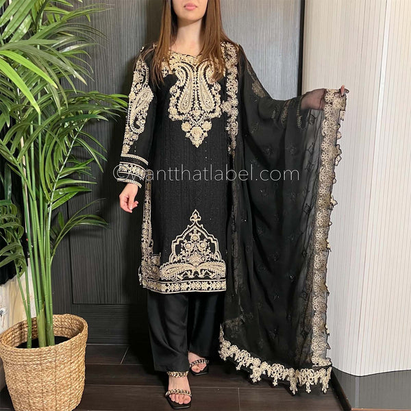 Maria B Inspired Black Heavily Embroidered Chiffon Suit