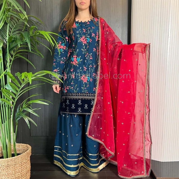 Maria B Inspired Teal Pink Heavily Embroidered Garara Suit