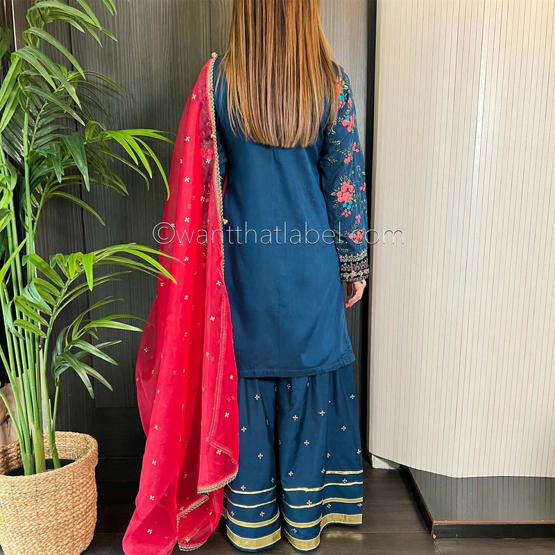 Maria B Inspired Teal Pink Heavily Embroidered Garara Suit