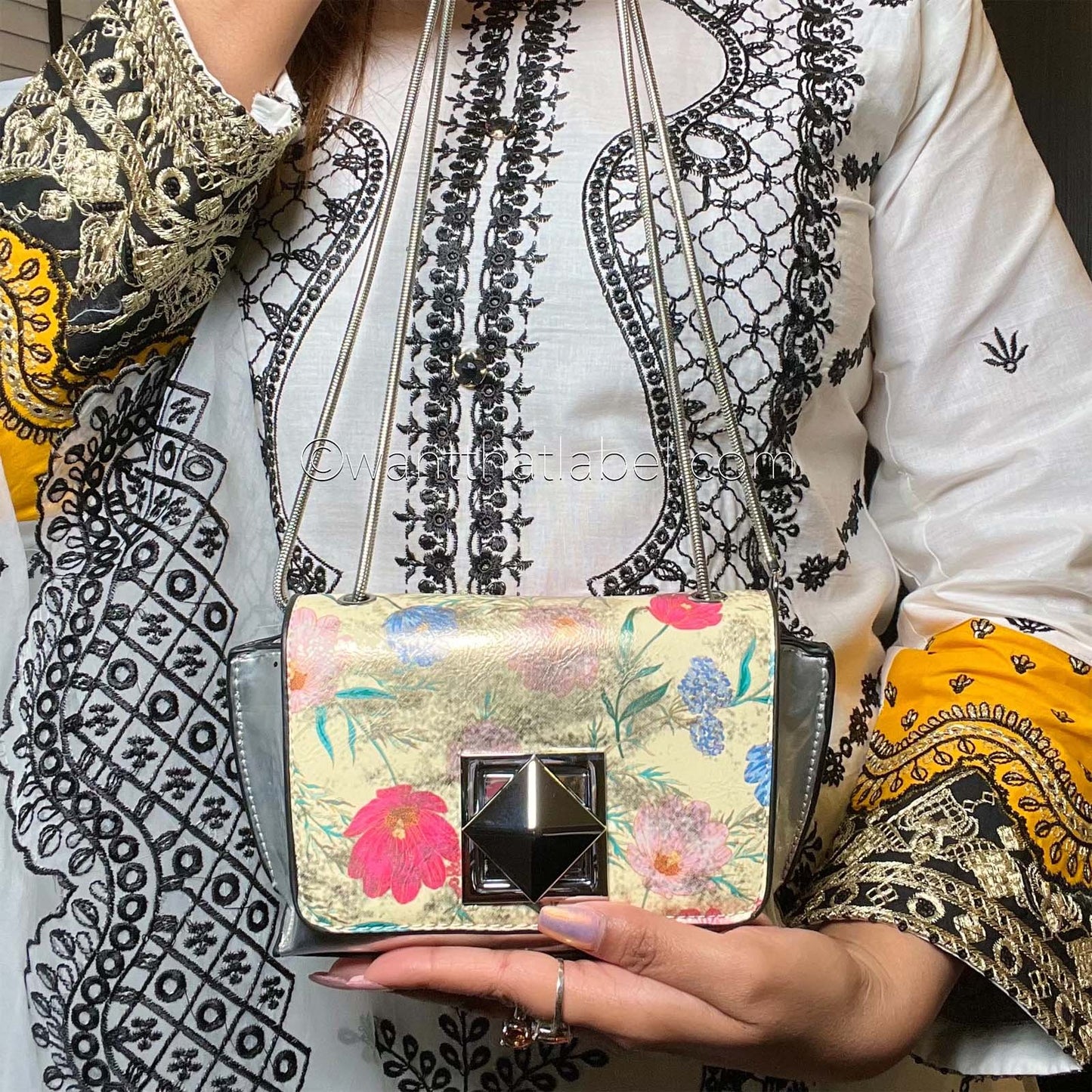 Metallic Gold Floral Cross Body Clutch Bag