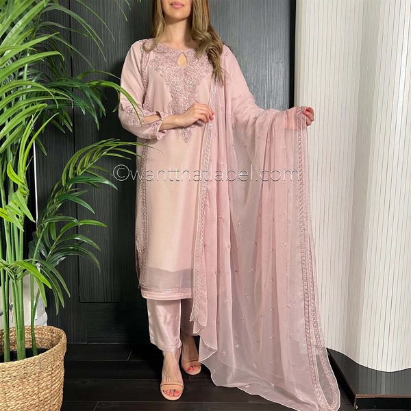 Mink Hand Embroidered Chiffon Suit
