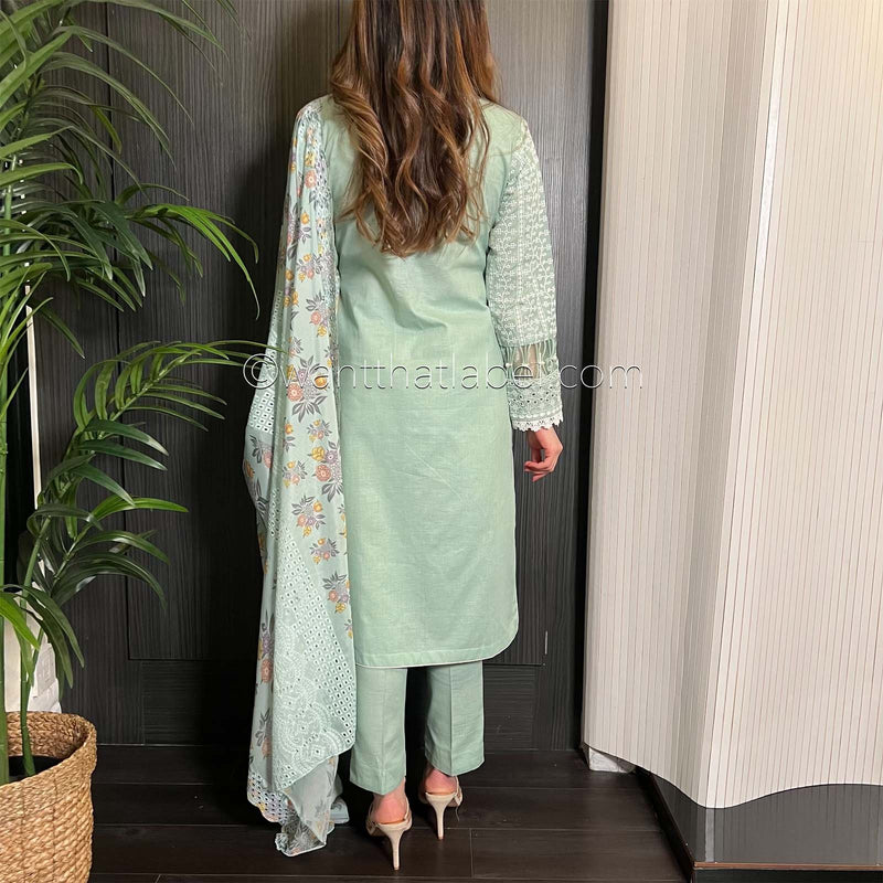 Mint Green White Embroidered Chickankari Suit
