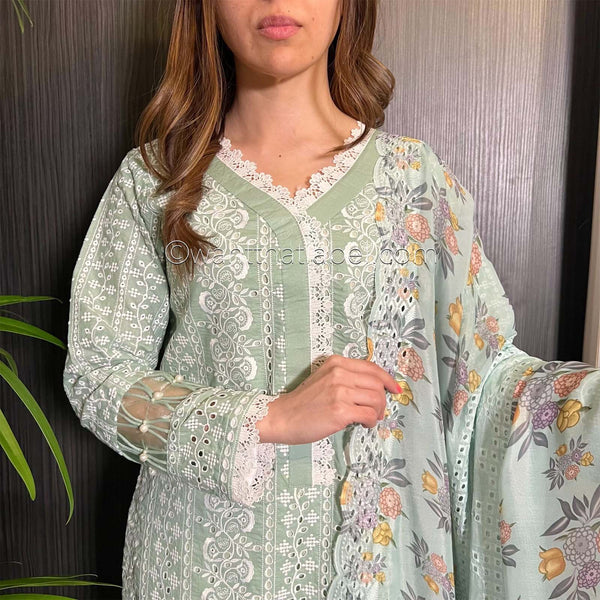 Mint Green White Embroidered Chickankari Suit