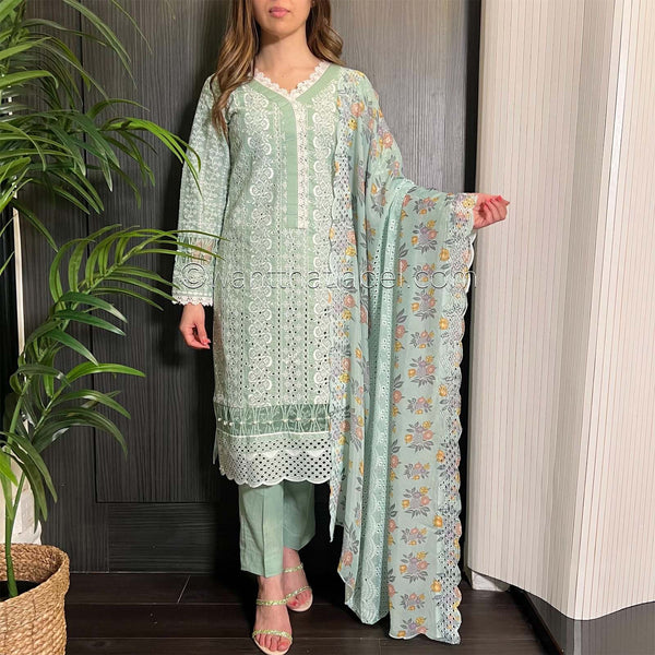 Mint Green White Embroidered Chickankari Suit