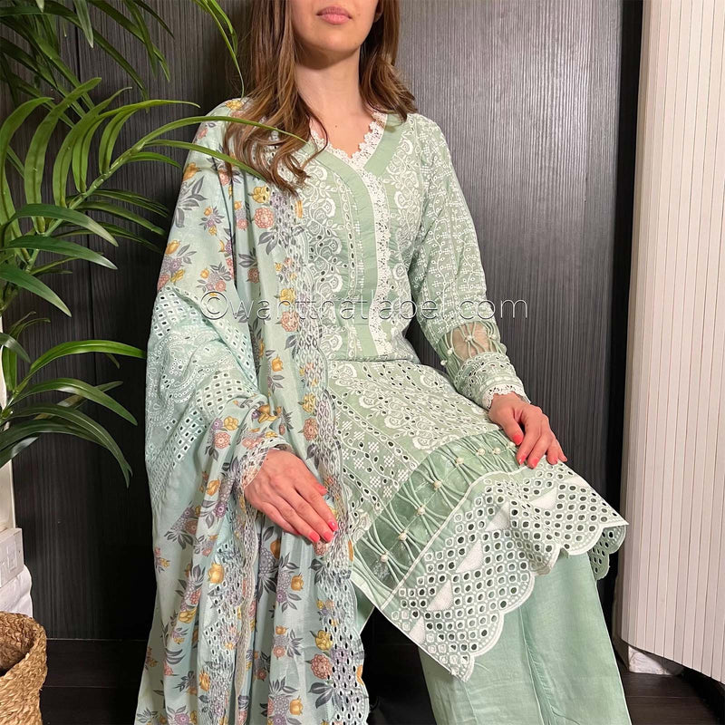 Mint Green White Embroidered Chickankari Suit