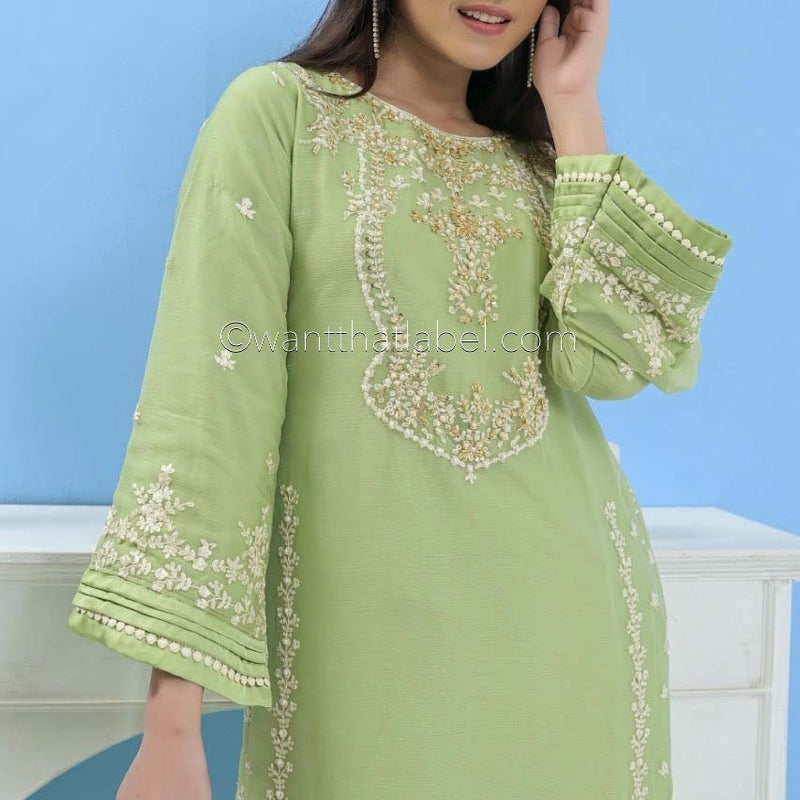 Mummy & Me Ladies Green Chiffon Hand Embroidered Suit