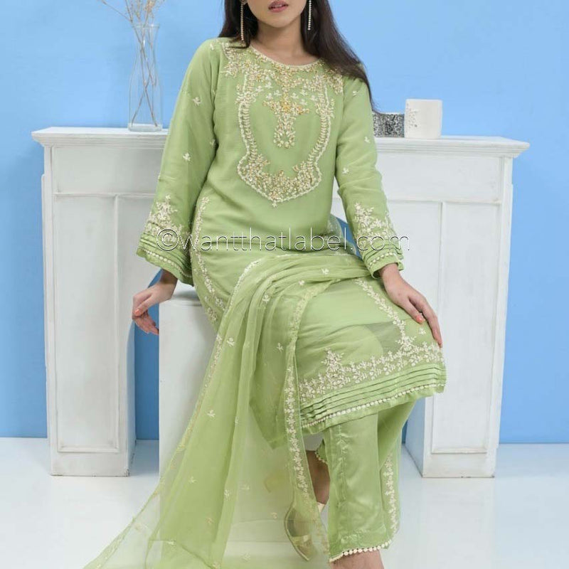 Mummy & Me Ladies Green Chiffon Hand Embroidered Suit