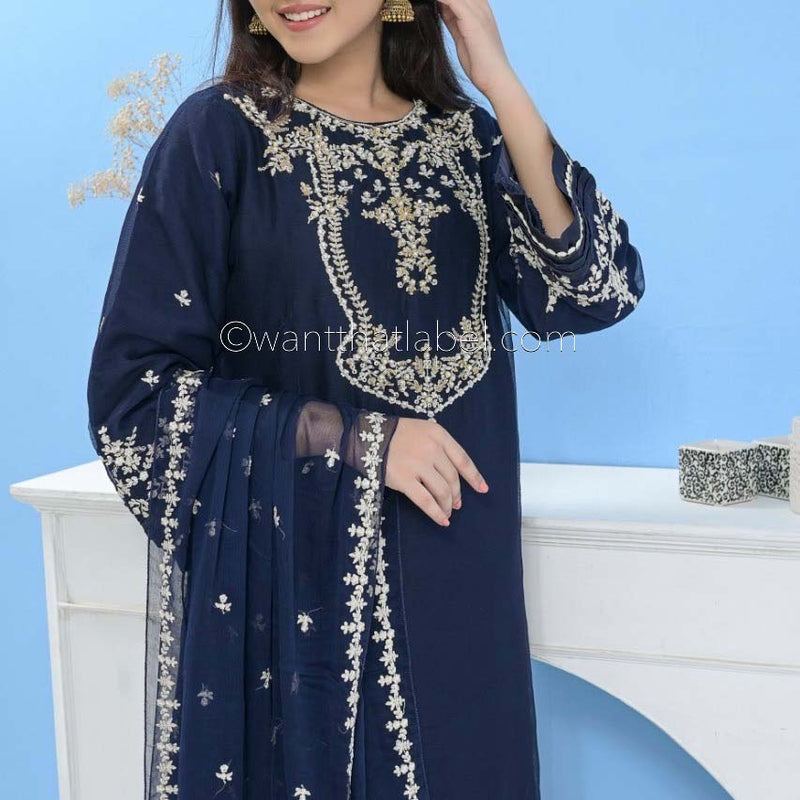 Mummy & Me Ladies Navy Chiffon Hand Embroidered Suit