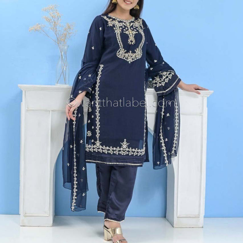 Mummy & Me Ladies Navy Chiffon Hand Embroidered Suit