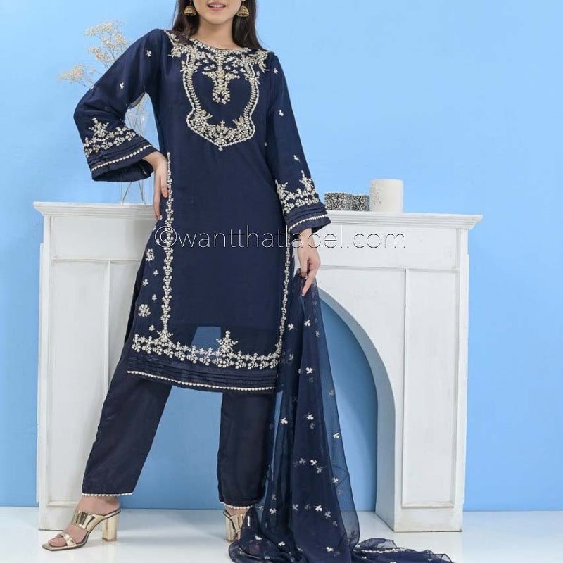 Mummy & Me Ladies Navy Chiffon Hand Embroidered Suit