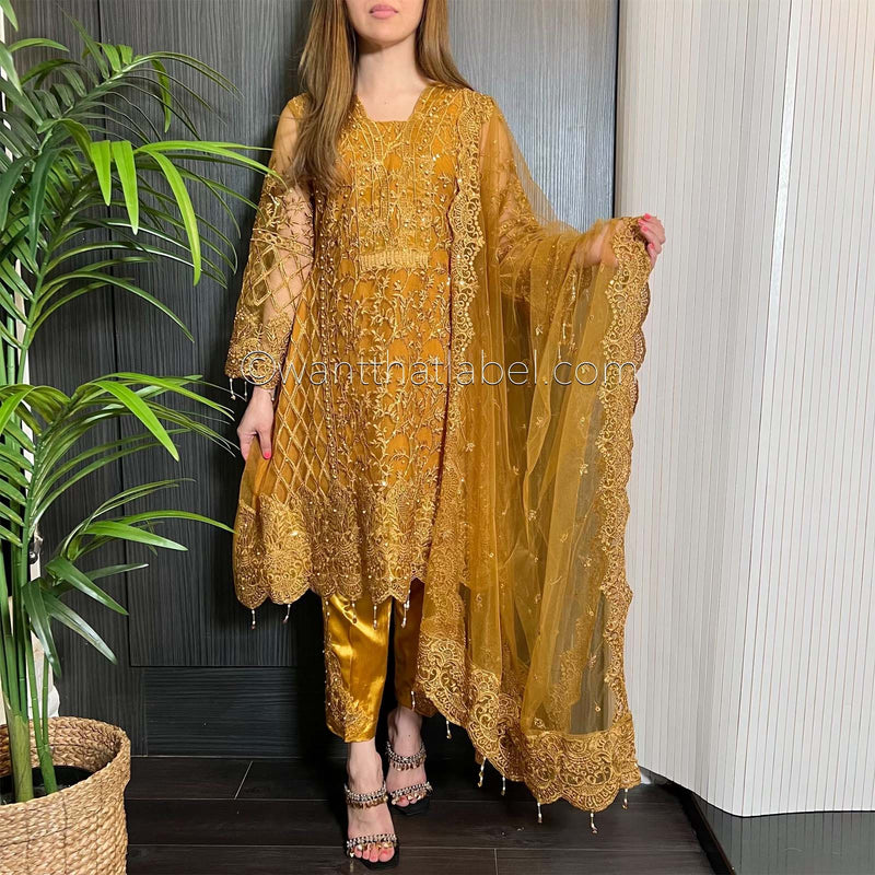 Mustard Heavily Embroidered Net A-Line Suit