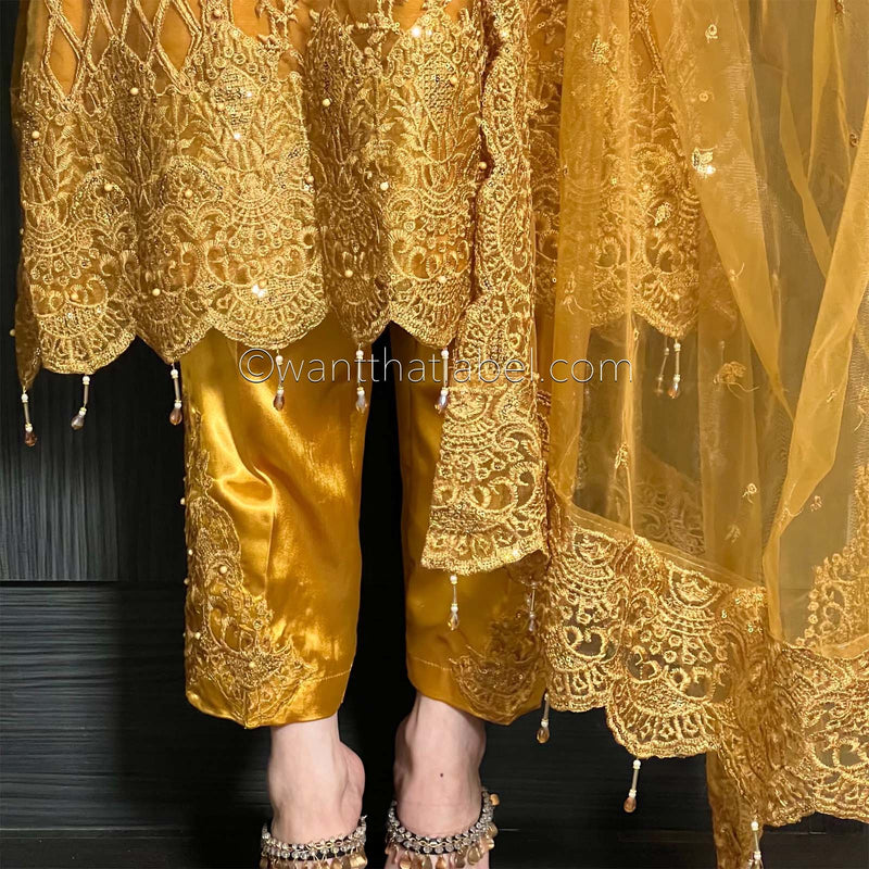 Mustard Heavily Embroidered Net A-Line Suit