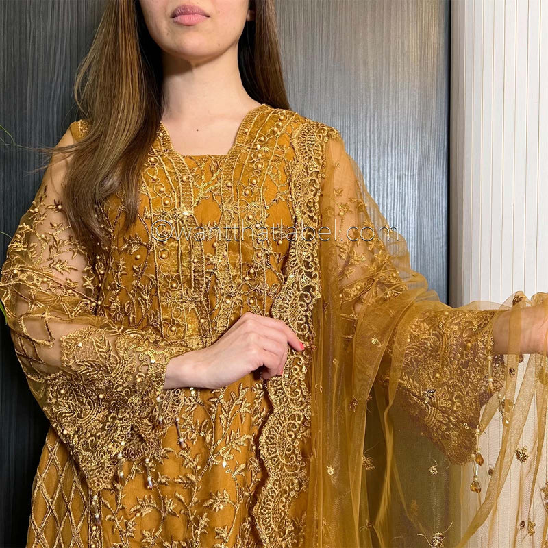 Mustard Heavily Embroidered Net A-Line Suit