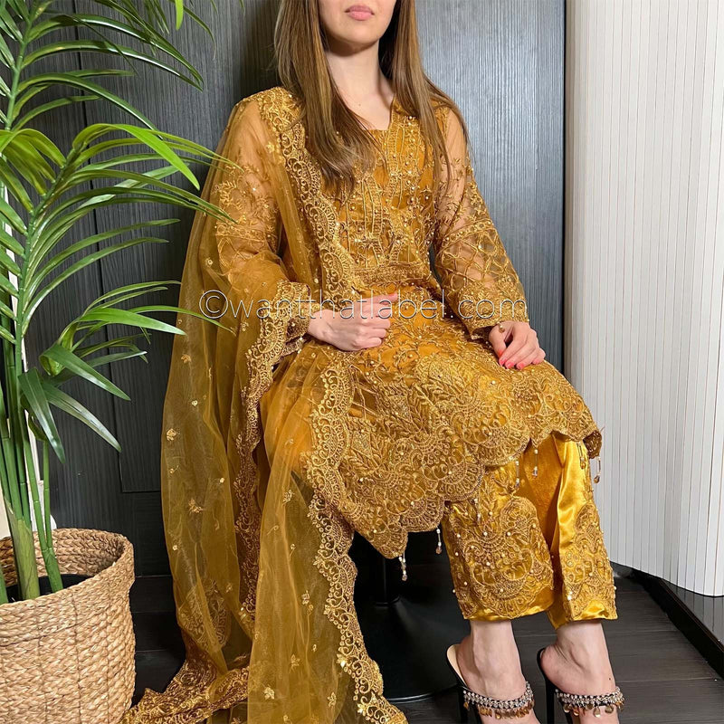 Mustard Heavily Embroidered Net A-Line Suit