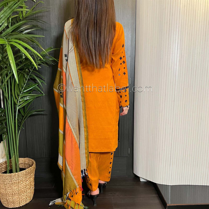 Mustard Sindi Hand Embroidered Mirror Shawl Suit