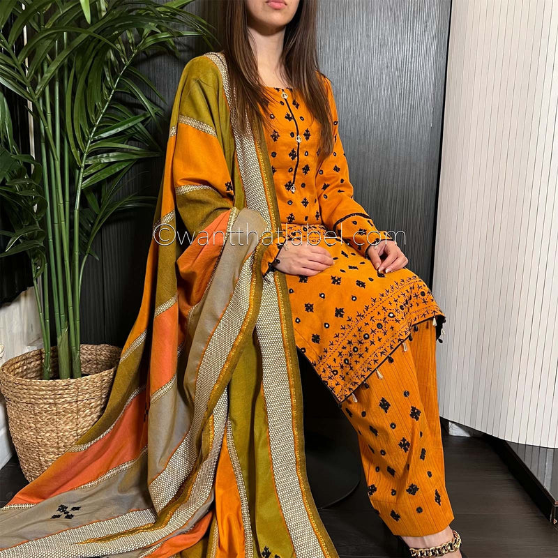 Mustard Sindi Hand Embroidered Mirror Shawl Suit