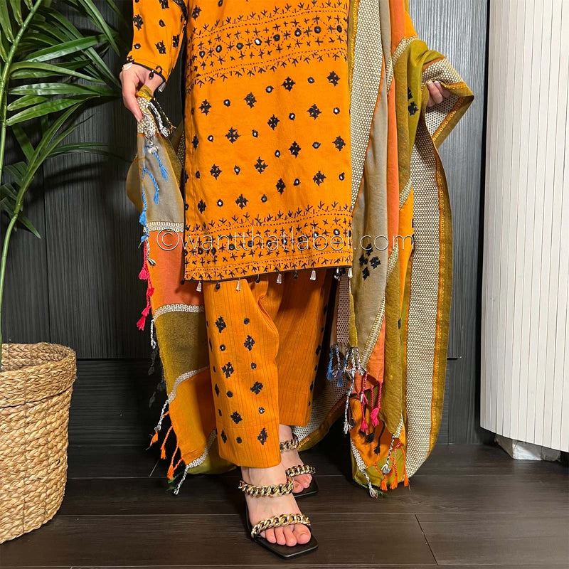Mustard Sindi Hand Embroidered Mirror Shawl Suit