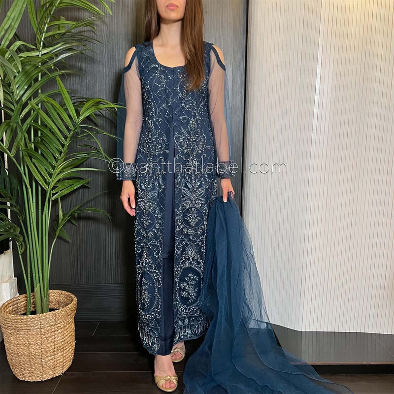 Navy Blue Heavily Beaded Maxi Dress Suit