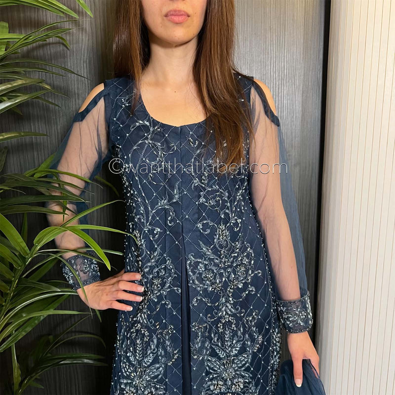 Navy Blue Heavily Beaded Maxi Dress Suit