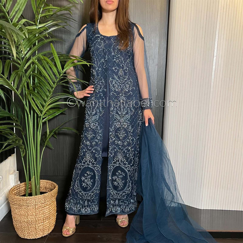Navy Blue Heavily Beaded Maxi Dress Suit