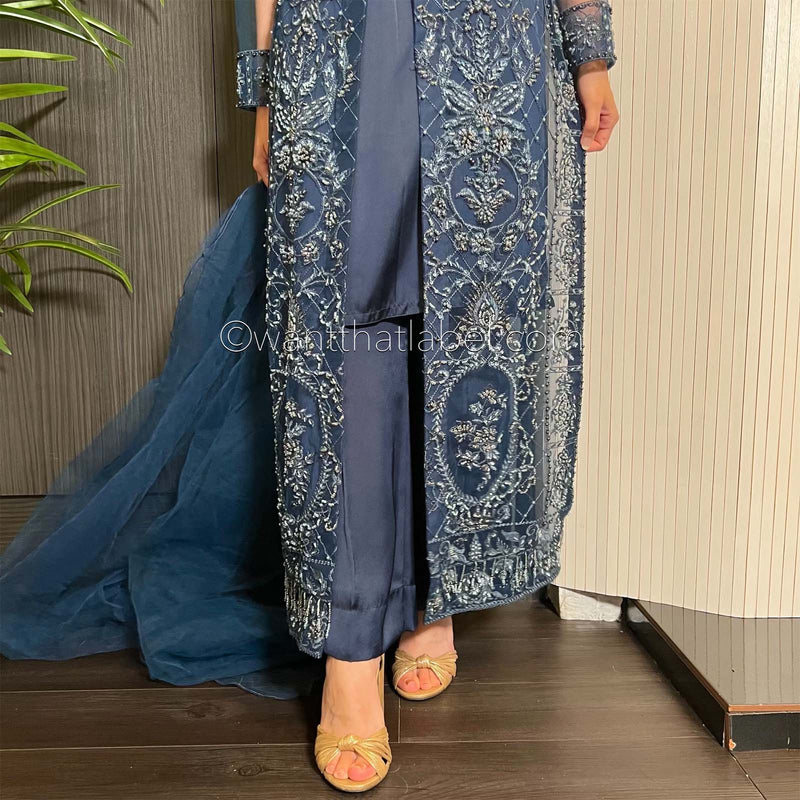 Navy Blue Heavily Beaded Maxi Dress Suit