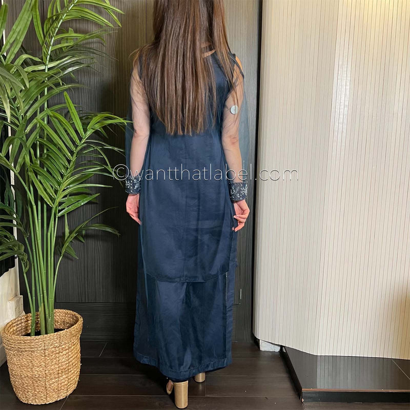Navy Blue Heavily Beaded Maxi Dress Suit