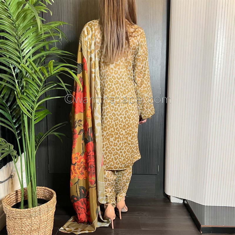 Olive Leopard Cotton Khadi Net Suit