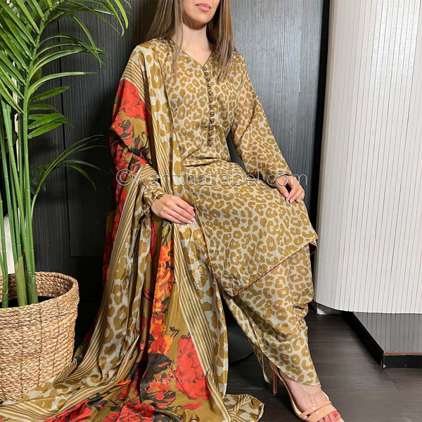 Olive Leopard Cotton Khadi Net Suit