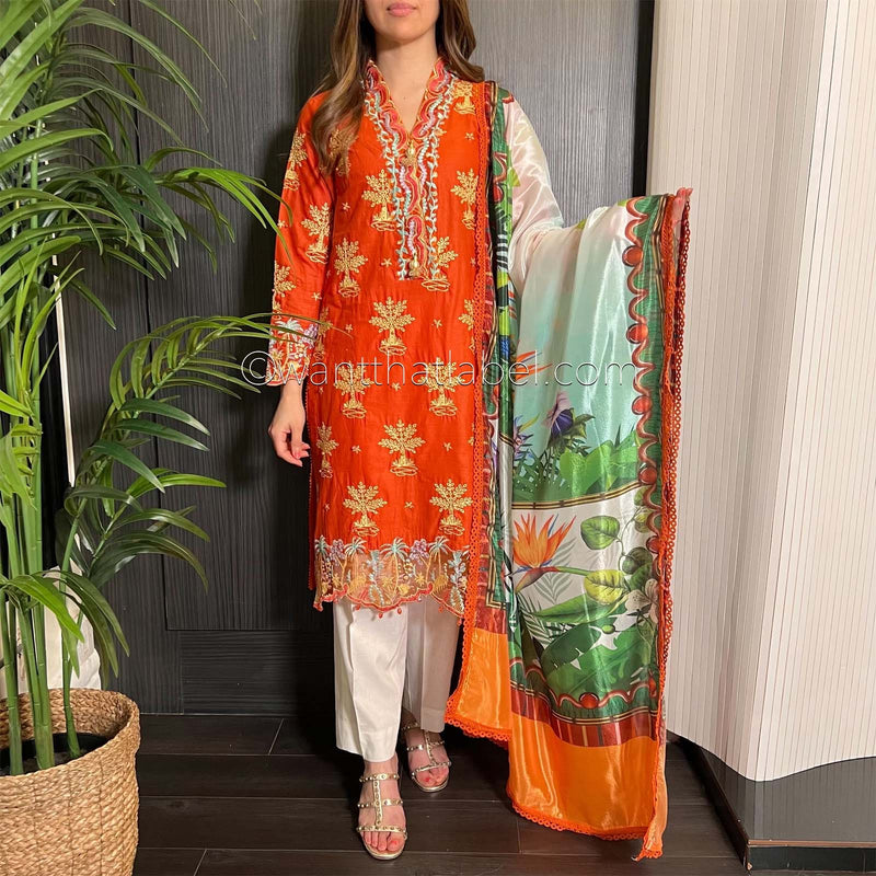 Orange White Embroidered Chikankari Lawn Suit