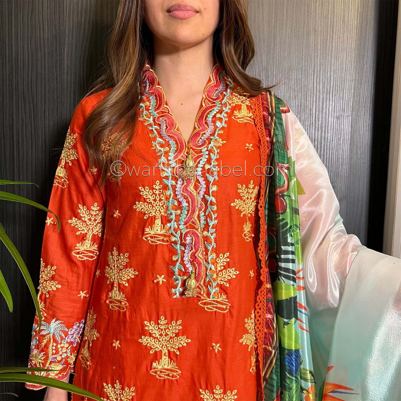 Orange White Embroidered Chikankari Lawn Suit