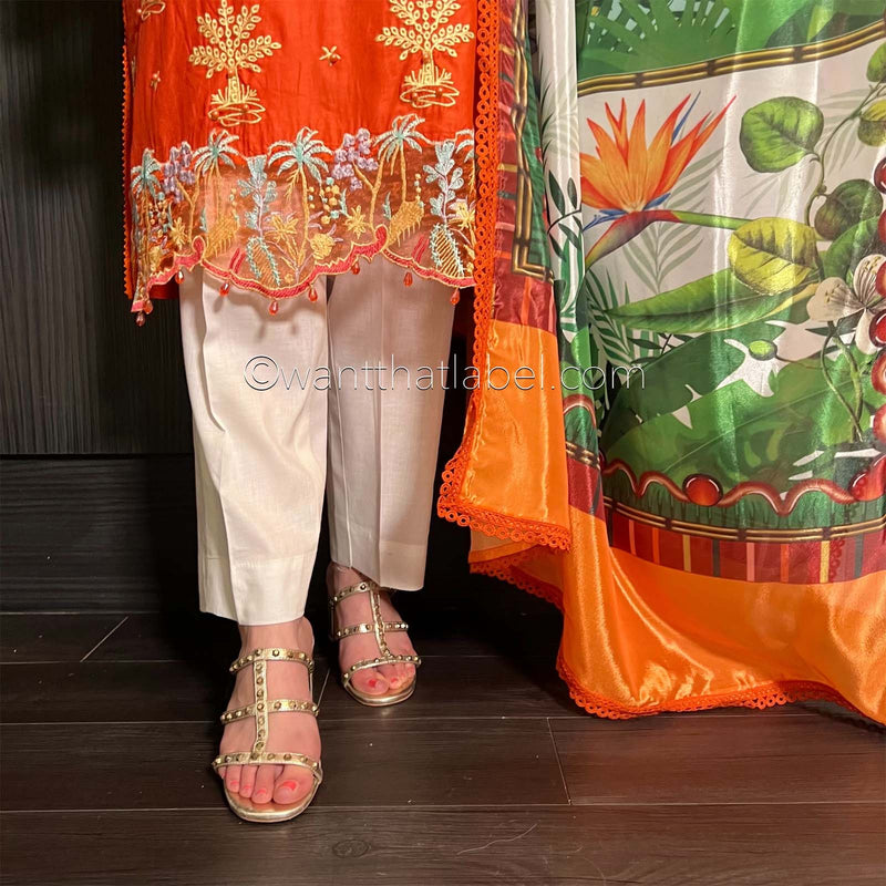 Orange White Embroidered Chikankari Lawn Suit