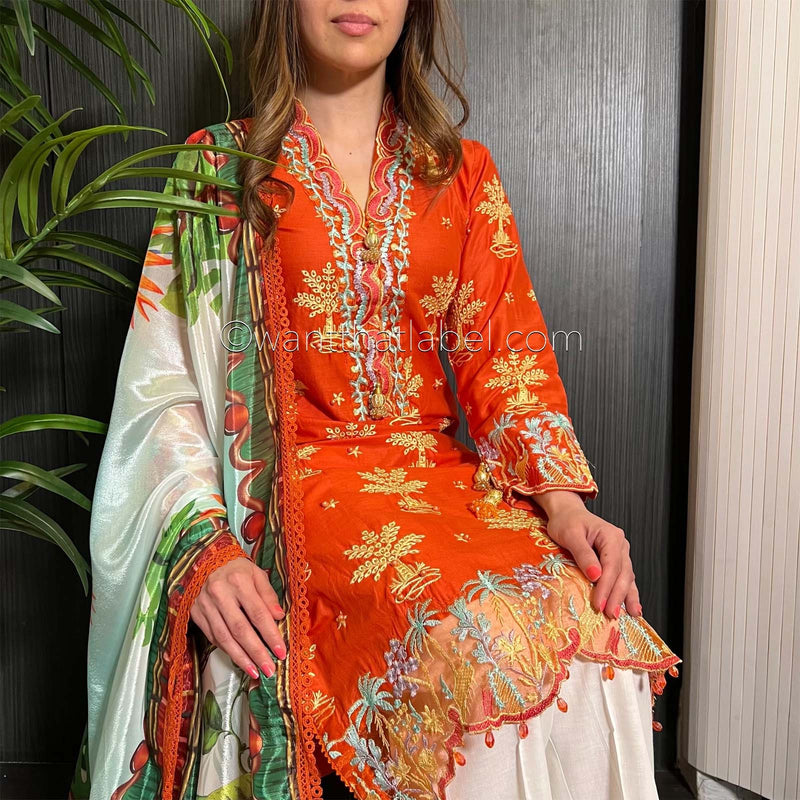 Orange White Embroidered Chikankari Lawn Suit